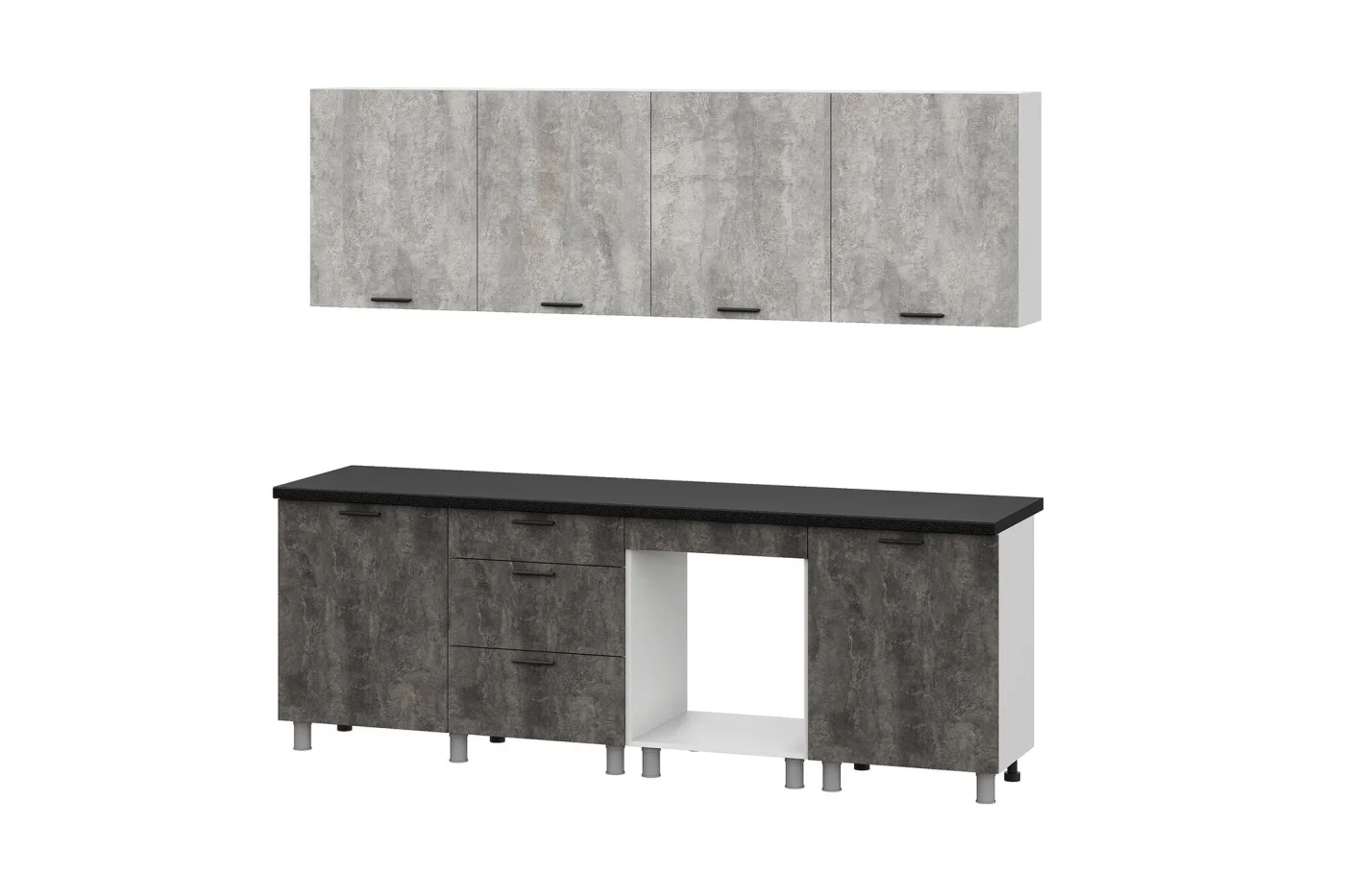 Кухонный гарнитур прямой Нонтон Ноктис, 240 см, Белый / Цемент светлый / Цемент темный / Столешница черная